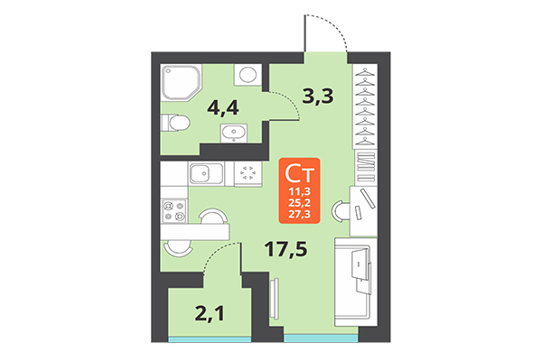 Студия 27,30 м² в ЖК Тайгинский парк. Планировка