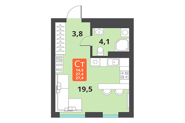 Студия 27,40 м² в ЖК Тайгинский парк. Планировка