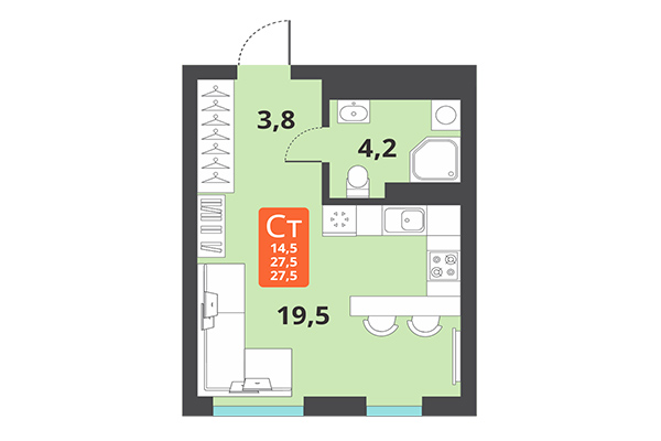 Студия 27,50 м² в ЖК Тайгинский парк. Планировка