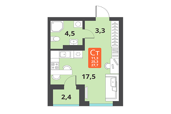 Студия 27,70 м² в ЖК Тайгинский парк. Планировка