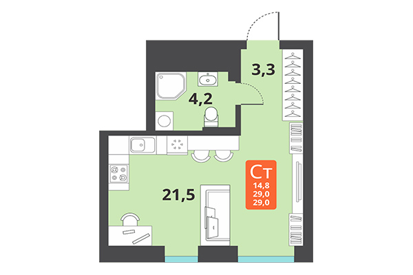 Студия 29,00 м² в ЖК Тайгинский парк. Планировка