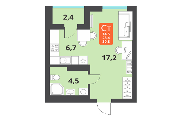 Студия 30,80 м² в ЖК Тайгинский парк. Планировка