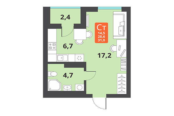 Студия 31,00 м² в ЖК Тайгинский парк. Планировка