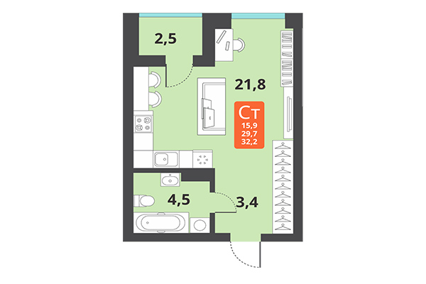 Студия 32,20 м² в ЖК Тайгинский парк. Планировка