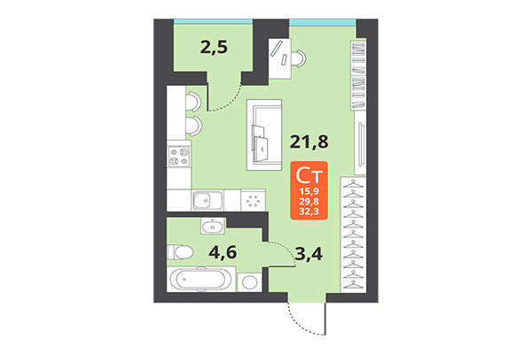 Студия 32,30 м² в ЖК Тайгинский парк. Планировка