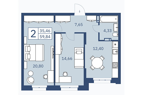 2-комнатная квартира 59,84 м² в ЖК ZOE. Планировка