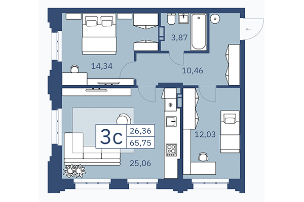 3-комнатная квартира 65,75 м² в ЖК ZOE. Планировка