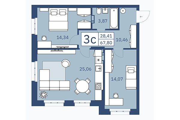 3-комнатная квартира 67,80 м² в ЖК ZOE. Планировка