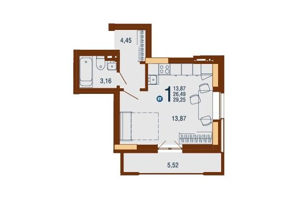 Студия 29,25 м² в Дом на Доватора. Планировка