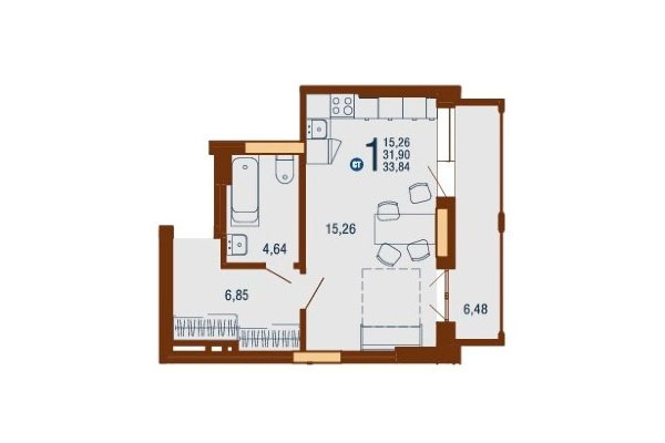 Студия 33,84 м² в Дом на Доватора. Планировка