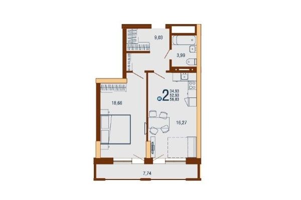 2-комнатная квартира 56,83 м² в Дом на Доватора. Планировка