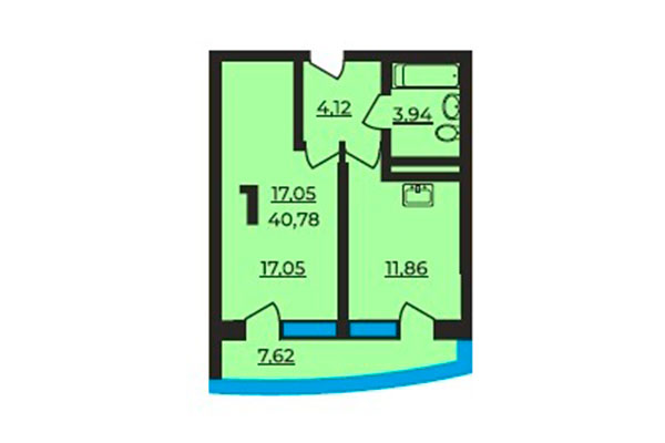 1-комнатная квартира 40,78 м² в ЖК на Ельцовской. Планировка