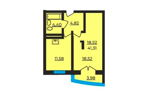 1-комнатная квартира 41,31 м² в ЖК на Ельцовской. Планировка