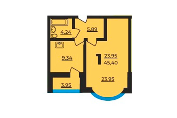 1-комнатная квартира 45,40 м² в ЖК на Ельцовской. Планировка