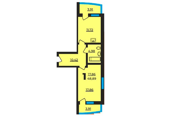 1-комнатная квартира 48,89 м² в ЖК на Ельцовской. Планировка