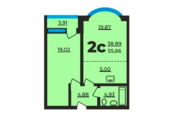 2-комнатная квартира 55,66 м² в ЖК на Ельцовской. Планировка