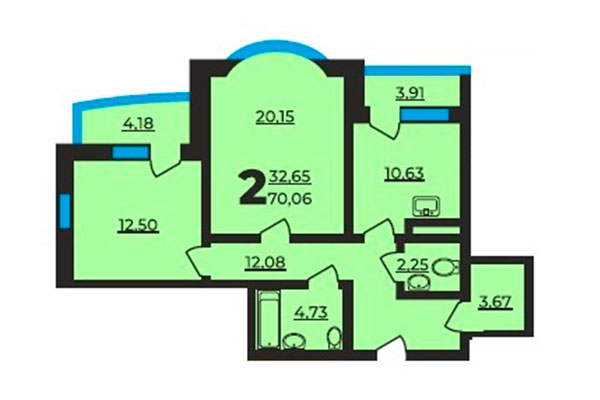 2-комнатная квартира 70,06 м² в ЖК на Ельцовской. Планировка