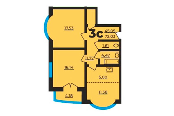 3-комнатная квартира 72,03 м² в ЖК на Ельцовской. Планировка