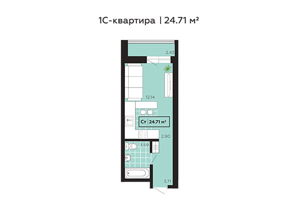 Студия 24,71 м² в ЖК Зоркий. Планировка