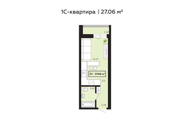 Студия 27,06 м² в ЖК Зоркий. Планировка