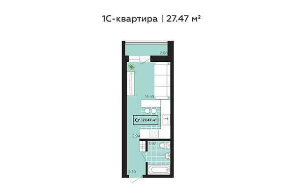 Студия 27,47 м² в ЖК Зоркий. Планировка