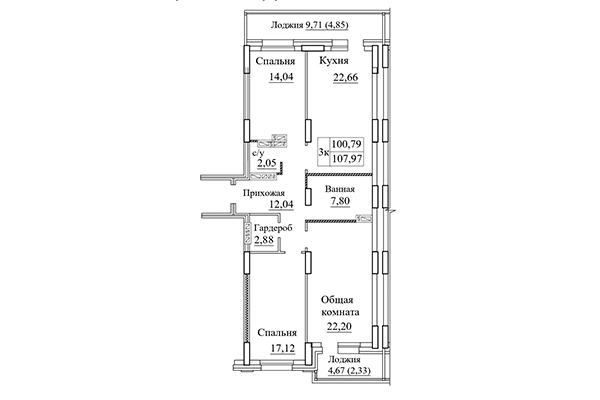 3-комнатная квартира 107,97 м² в ЖК Дом на Дачной. Планировка