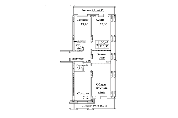 3-комнатная квартира 110,56 м² в ЖК Дом на Дачной. Планировка