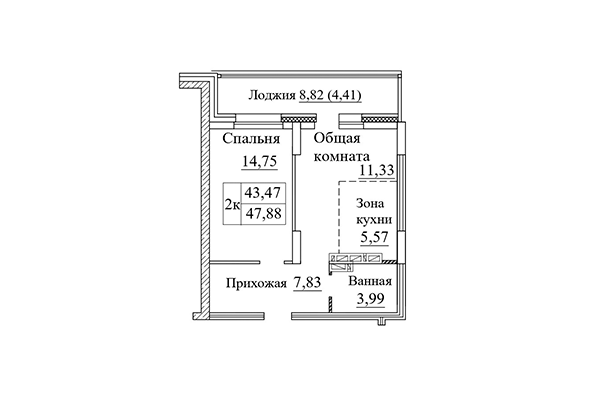 2-комнатная квартира 47,88 м² в ЖК Дом на Дачной. Планировка