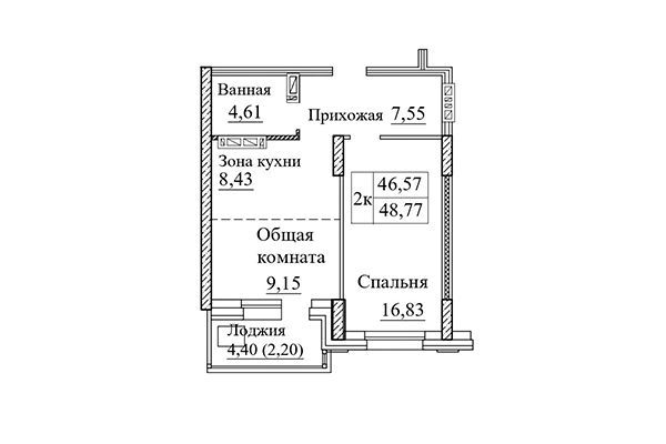 2-комнатная квартира 48,77 м² в ЖК Дом на Дачной. Планировка