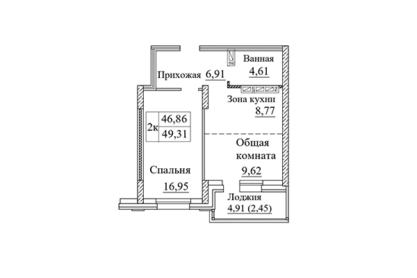 2-комнатная квартира 49,31 м² в ЖК Дом на Дачной. Планировка