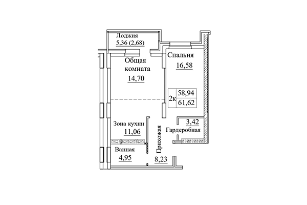 2-комнатная квартира 61,62 м² в ЖК Дом на Дачной. Планировка