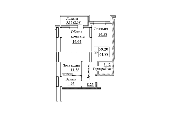 2-комнатная квартира 61,88 м² в ЖК Дом на Дачной. Планировка