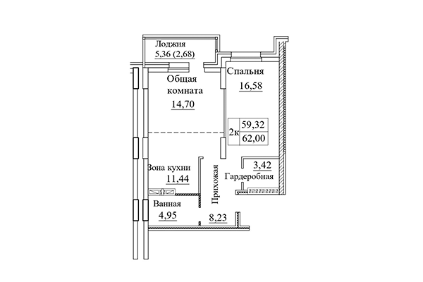 2-комнатная квартира 62,00 м² в ЖК Дом на Дачной. Планировка