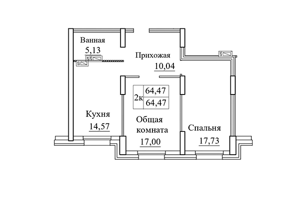 2-комнатная квартира 64,47 м² в ЖК Дом на Дачной. Планировка