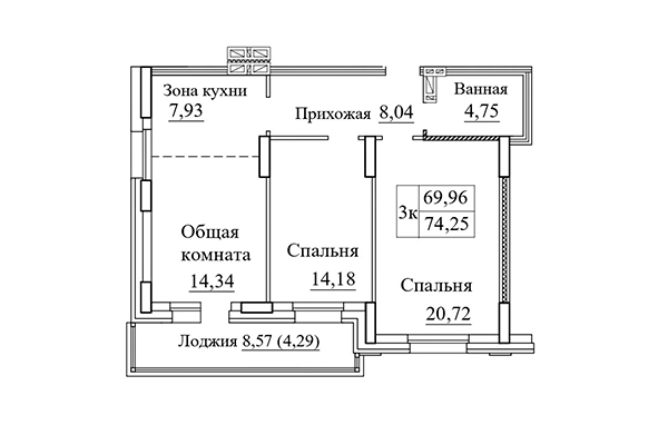 3-комнатная квартира 74,25 м² в ЖК Дом на Дачной. Планировка