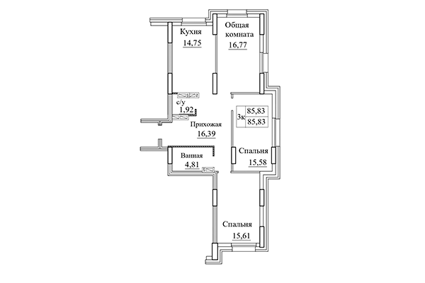 3-комнатная квартира 85,83 м² в ЖК Дом на Дачной. Планировка