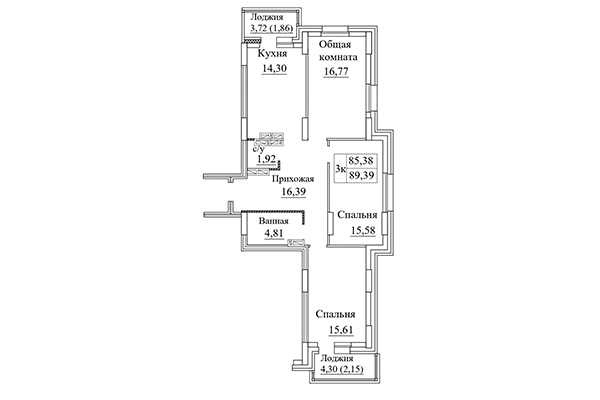 3-комнатная квартира 89,39 м² в ЖК Дом на Дачной. Планировка