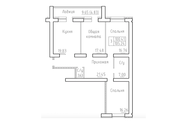 3-комнатная квартира 100,41 м² в ЖК Кольца. Планировка