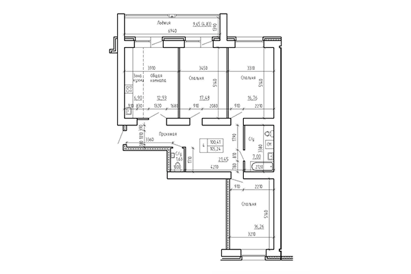 4-комнатная квартира 100,42 м² в ЖК Кольца. Планировка