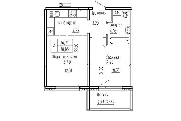 2-комнатная квартира 36,72 м² в ЖК Кольца. Планировка