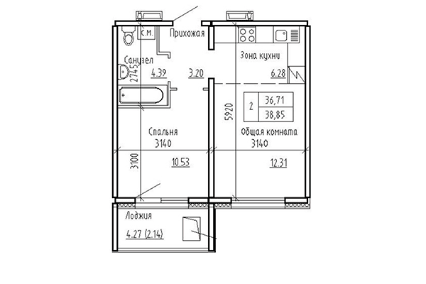 2-комнатная квартира 38,85 м² в ЖК Кольца. Планировка