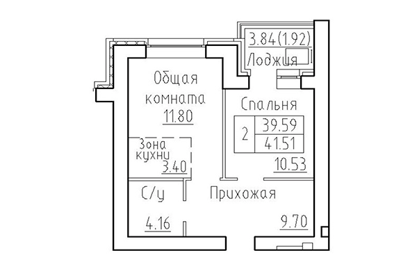 2-комнатная квартира 39,59 м² в ЖК Кольца. Планировка