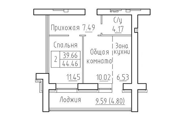 2-комнатная квартира 39,66 м² в ЖК Кольца. Планировка