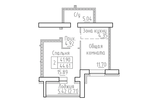 2-комнатная квартира 41,90 м² в ЖК Кольца. Планировка