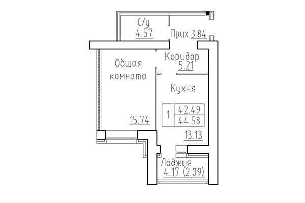 1-комнатная квартира 42,49 м² в ЖК Кольца. Планировка