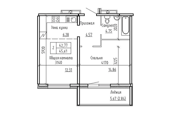 2-комнатная квартира 42,77 м² в ЖК Кольца. Планировка