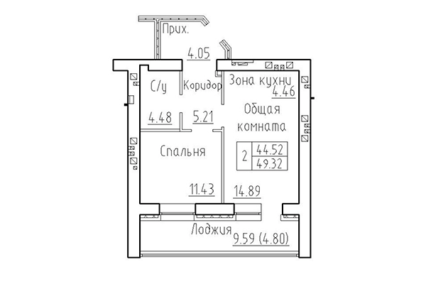 2-комнатная квартира 44,52 м² в ЖК Кольца. Планировка