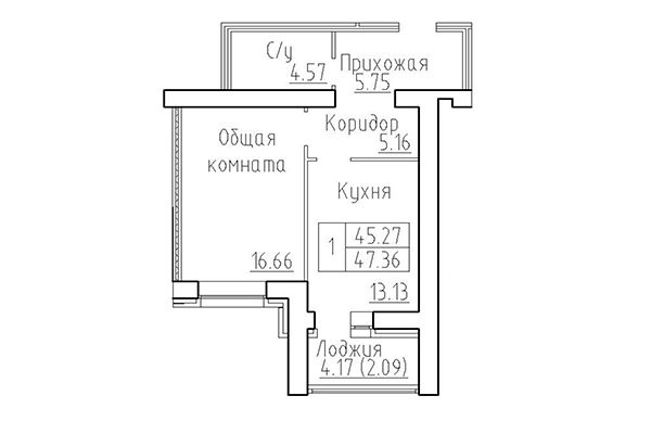 1-комнатная квартира 45,27 м² в ЖК Кольца. Планировка