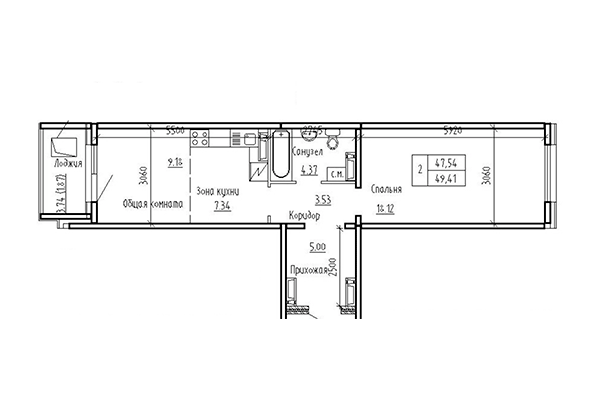 2-комнатная квартира 47,54 м² в ЖК Кольца. Планировка