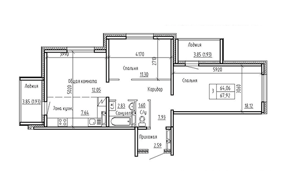 3-комнатная квартира 64,06 м² в ЖК Кольца. Планировка